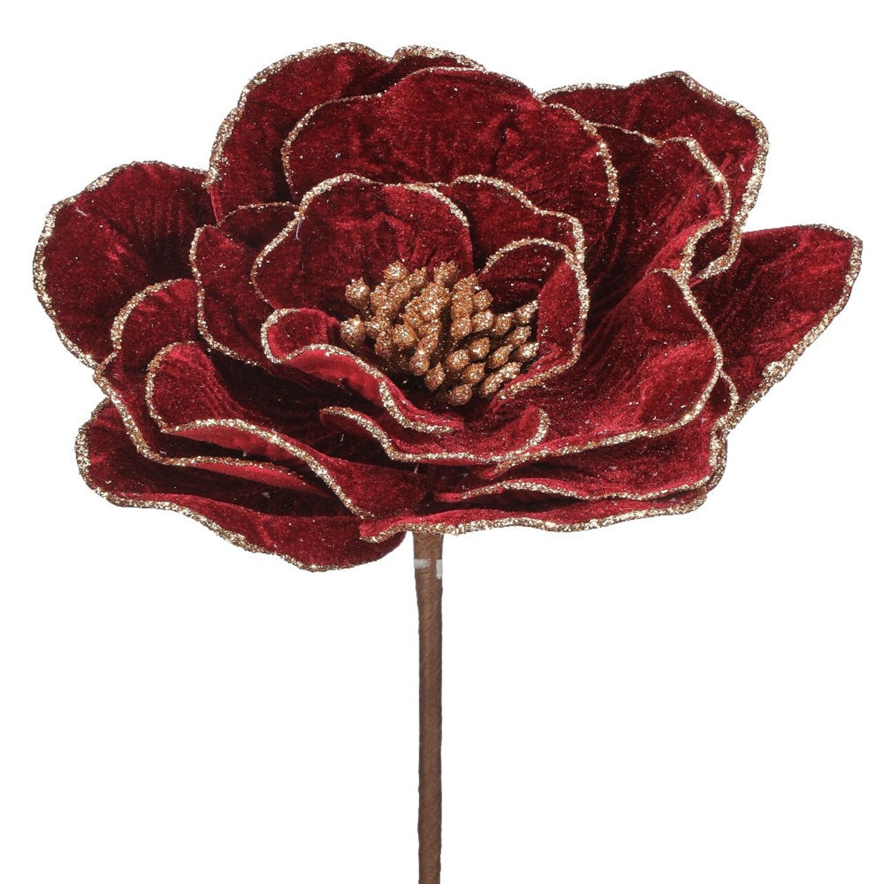 24" Burgundy Beaded Edge Velvet Peony Stem | Luxurious Christmas Floral Decoration